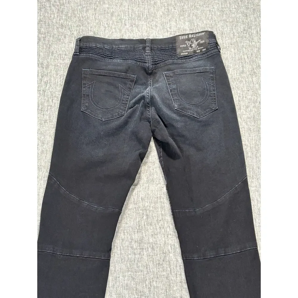 True Religion Rocco Moto Jeans Mens 28x34 Black Faded Relaxed Skinny Stretch
